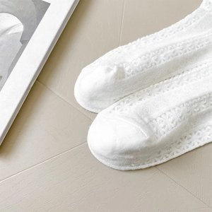 Close-up of white lace mesh socks with geometric knit patterns and seamless toe detail