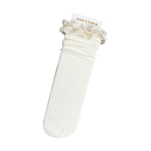Cream knit mid-calf socks with vintage lace trim and vertical ribbed texture design