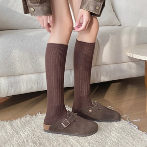 Brown suede clogs with metal buckle paired with ribbed calf socks in warm cozy setting