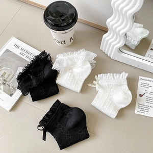 Detailed view of hollow lace mesh and bow ribbons on Japanese Lolita style socks