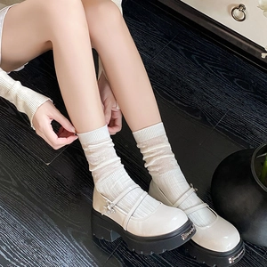 Chic beige platform Mary Janes with rhinestone buckles and breathable mesh socks
