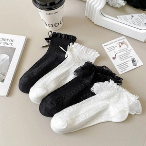 Lolita lace trim socks with ribbon bows, hollow mesh design in black and white set