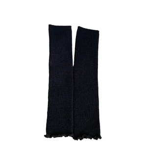 Japanese style black ribbed knit leg warmers with delicate ruffle edges for women
