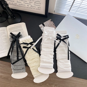 Lace-up knit leg warmers with ribbon bows in grey and white for JK lolita style