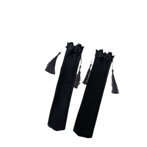 New Chinese style black mid-calf socks with tassels and decorative buckles