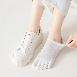 Close-up of white mesh five-finger socks with breathable weave on model feet