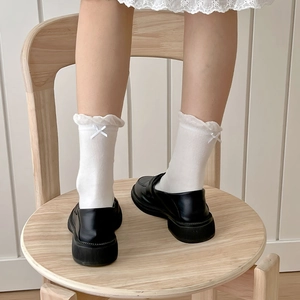 Cotton Knit Mid Calf Socks With Ruffle Trim And Ribbon Bow Japanese Style Breathable Sweet Socks For Women Girls