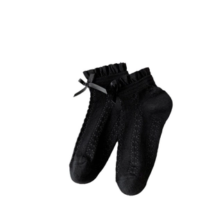Black Lolita lace socks with ruffle edges and decorative bows in a sheer mesh knit style