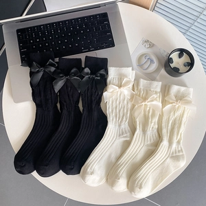 Chaussettes Mi-Mollet Lolita Pour Femmes En Coton Côtelé Torsadé Avec Noeud En Satin Style Japonais