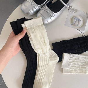 Detail view of cotton mesh socks with vertical ribbed texture and lace patterns