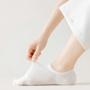 Detailed close-up showing high elasticity and mesh texture of white five-toe hidden socks
