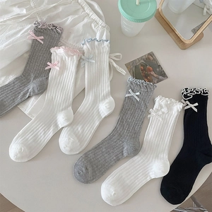 Women Mid-Calf Socks Lettuce Edge Ribbon Bow Ribbed Cotton Soft Sweet Balletcore Lolita Style