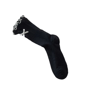 Cute black mesh socks with white lace trim and bow knot detail for ballet style