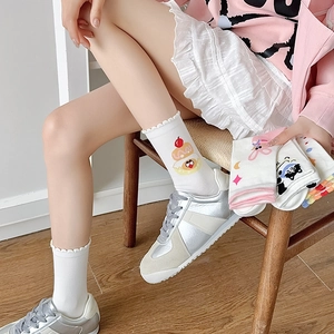 Japanese style white mid-calf socks with cute cartoon prints and frilly lettuce edges