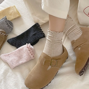 Japanese style ruffle edge crew socks with speckled yarn and velvet buckle flat shoes