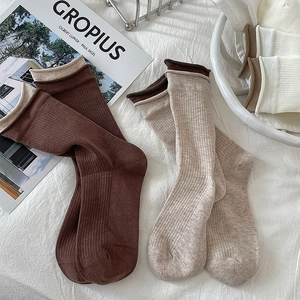 Detailed close-up of ribbed texture and dual-layer cuffs on brown cotton crew socks