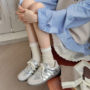 Detail of white ruffle socks paired with silver metallic sneakers in a Japanese style