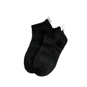 Black Lolita style socks with lace ruffles, 3D white bows and butterfly jacquard patterns