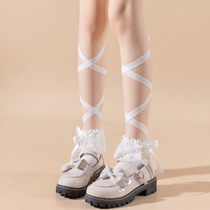 Lolita style white lace socks with criss-cross ribbon straps and bows for women