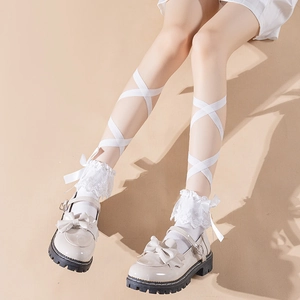Women Lolita Socks Cotton Lace Trim Bow Knot Decoration Cross Straps Leg Wrap Sweet JK Style Accessories
