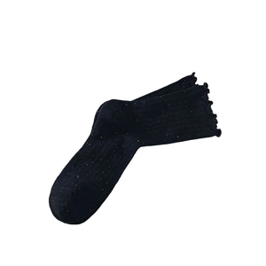 Japanese style black cotton crew socks with colorful dots and sweet ruffle edge trim