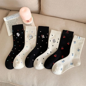 Calze Donna Cotone Ricamo Cartone Animato Cane Gatto Cuore Pois Ciliegia Stile Giapponese Carino Morbido Traspirante