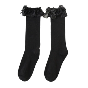 Schwarze Kniestrümpfe im japanischen JK-Stil mit feiner Spitze und Bandschleifen