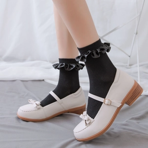 Japanese style cream Mary Jane shoes with mesh lace socks and cute bow detail