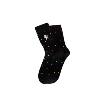 Calze nere in stile giapponese con pois colorati e ricamo di un simpatico cane