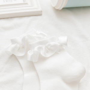 Detail of white ruffle socks with wide satin pleats in sweet lolita style design