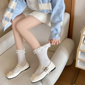 Calze in pizzo Lolita con Mary Jane bianche a punta quadrata e fiocco decorativo