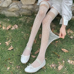 Detail of white lace over-the-knee socks with vine mesh pattern and elastic ribbed cuff