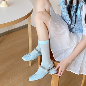 Light blue Mary Jane shoes with silver chain and sheer socks for a sweet JK style look