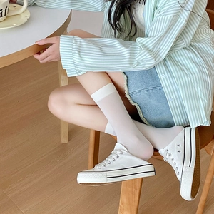 White semi-sheer crew socks paired with minimalist canvas mule shoes in casual style