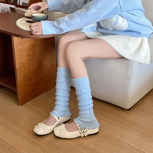 Japanese style light blue knitted leg warmers with ruffle trim for winter wear