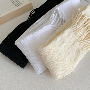 Detailed view of hollow mesh lace over-the-knee socks in black, white and beige colors