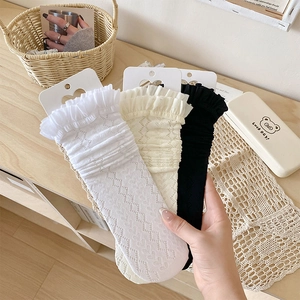 Detail showing lace ruffle cuffs and hollow mesh texture on three-color calf socks