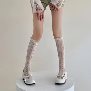 Close-up of white lace calf socks featuring heart mesh patterns and ruffle cuff details