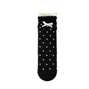 Cute Japanese style black polka dot socks with white bows and wavy knit edges