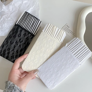 Lace mesh over-the-knee socks with hollow diamond patterns in black, beige and white