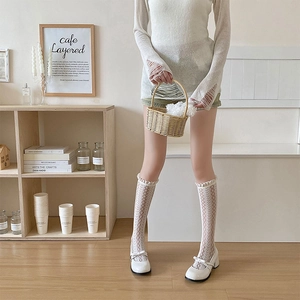 Detailed view of white lace hollow-out calf socks with retro diamond pattern and frill trim