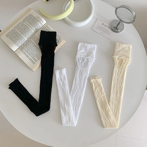 Detail of hollow ruffled cuffs on knit over-the-knee socks in black, white and beige