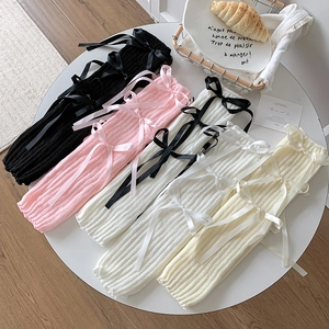 Ribbed Knitted Leg Warmers With Satin Bows Slouchy Long Socks For Women Balletcore Style Sweet Warm