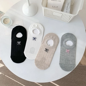 Women's Invisible Boat Socks Cotton Breathable Mesh Shallow Mouth Bow Embroidery Non-Slip Japanese Style Sweet