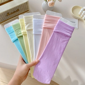 Detailed set of candy-colored velvet socks in Morandi tones with product tags