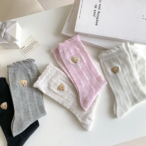Détail de chaussettes en maille ajourée avec broderie ours en divers coloris pastel