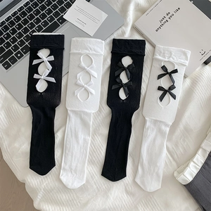 Lolita style knee high socks with hollow out bow knots in black and white set