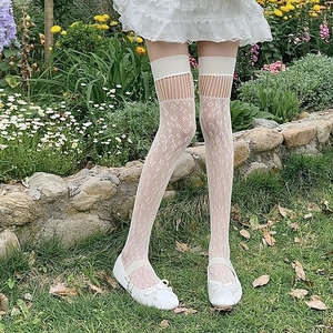 Elegant white lace thigh-high stockings with vertical mesh cutouts for a Lolita style
