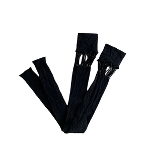 Black mesh thigh high socks featuring hollow out cutouts and distressed knit design