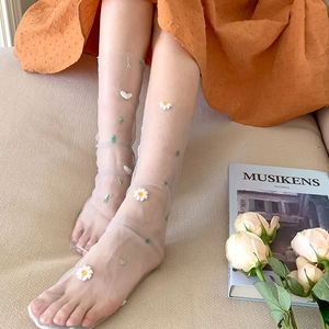 Close-up of sheer mesh crew socks featuring delicate white daisy embroidery on the fabric